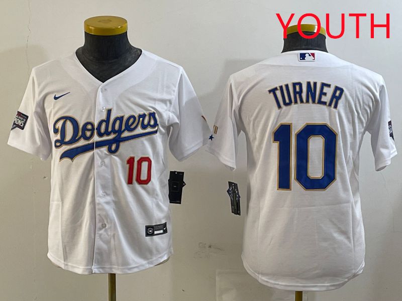 Youth Los Angeles Dodgers 10 Turner White Gold Game 2025 Nike MLB Jersey style 1